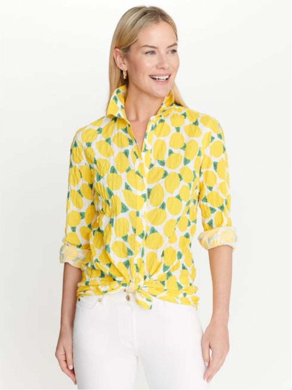 J.McLaughlin Lois Lemon Squeeze Print Button Down Crinkle Cotton Shirt Large